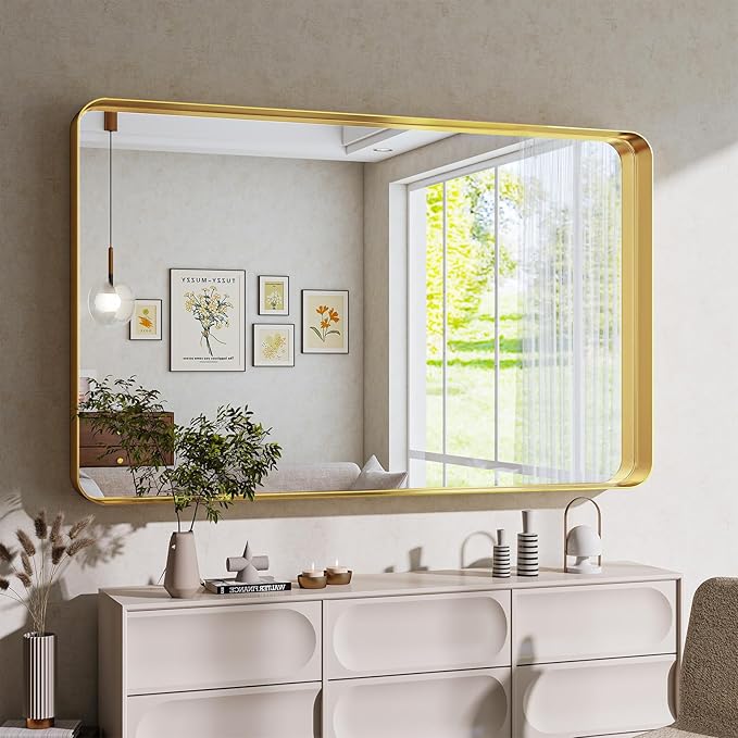 Bathroom Mirror Vanity for Over Sink Wall Mirror - 30x48 Inch Rounded Corner Rectangle Aluminum Frame Mirror,Hangs Horizontally or Vertically for Living Room Bedroom or Entryway Gold