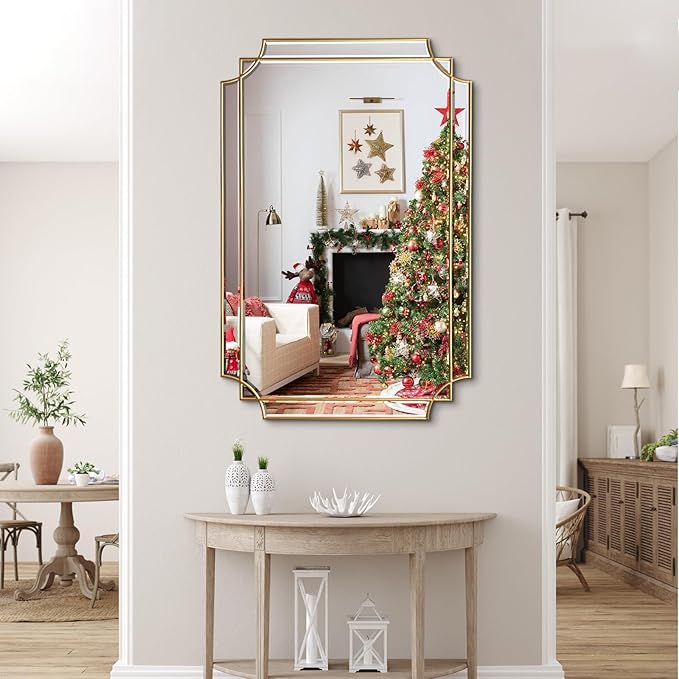Large Gold Rectangle Mirror, 48"x31.6" Bathroom Mirrors for Over Sink, Modern Beveled Mirror Decorative, Elegant Oblong Wall Mirrors for Living Room Bedroom Fireplace Entryway Hallway