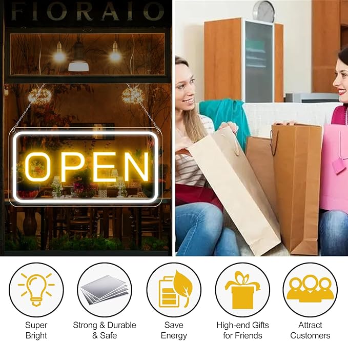 22.8"x 11.8" Ultra Bright 12V Neon Open Sign for Business, LED Open Neon Sign, Electric Light up Signs for Stores, Restaurants Offices Retail Shops Window (Yellow-White-Horizontal)