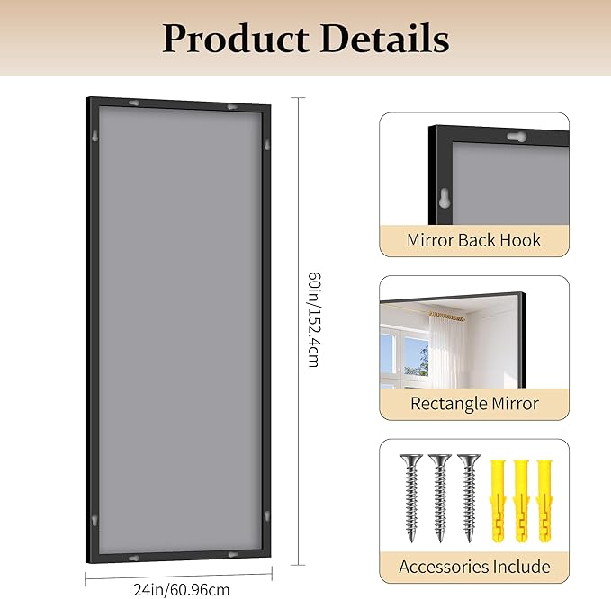 Black Bathroom Mirror for Wall, 24x60 Inch Rectangle with Metal Frame, Modern Vanity for Bathroom Living Room, Entryway Hangs Horizontal or Vertical