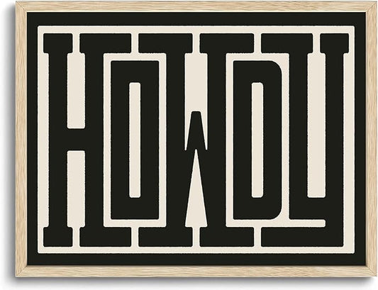 KISSFOX Western Howdy OAK Wood Framed Wall Art Farmhouse Geometric Typography Canvas Art Prints Rustic Country Pictures Wall Decor Vintage Modern Southwestern Artwork For Bedroom Kitchen Living Room