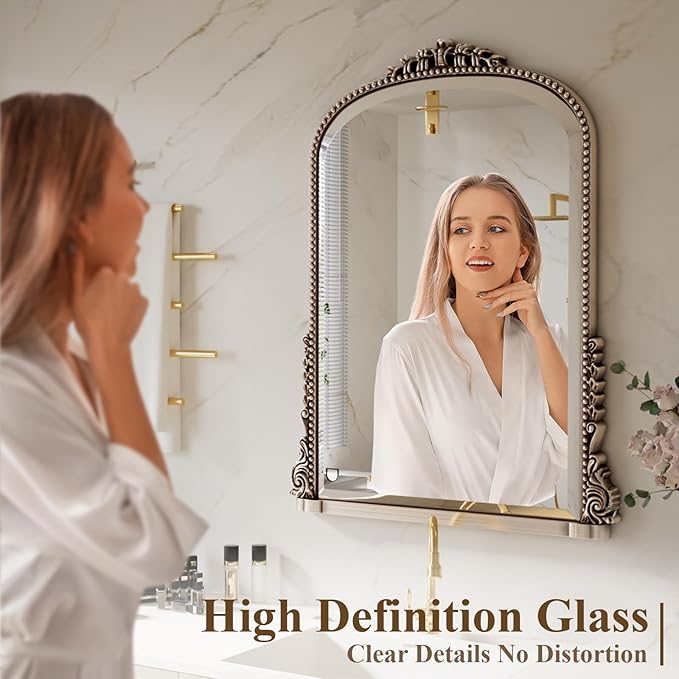 32x24 Beaded Arched Mirror, Bathroom Mirror for Over Sink, Metal Frame Wall Decor for Entryway, Bedroom, Living Room, Silver