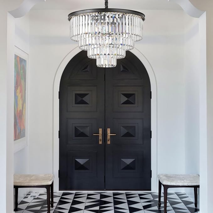 Modern Black Crystal Chandelier,4-Tier Round Pendant Ceiling Fixture with Height Adjustable Luxury Hanging Chandelier for Dining Room,Living Room,Entryway,Bedroom,Kitchen,and Foyer (Black Crystal-4)