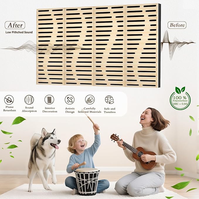 4Pack Acoustic Wall Panel Self-Adhesive Soundproof Foam Panels for Wall, 3D Perforated Tri-Layer Polyester Fiber Decorative Acoustic Insulation for Recording Studio, Office, 24×12×1.78", Regular-Line