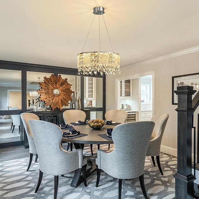 Modern Crystal Chandelier with Glass Panels, Dimmable LED Ceiling Light with Remote Control,Modern 20'' Round Chandeliers Lights Fixtures for Living Room, Dining Room, Bedroom