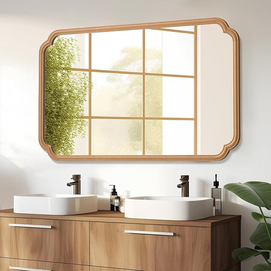 30"x48" Wood Bathroom Mirror for Wall, Large Wood Bathroom Vanity Mirror, Rounded Rectangle Mirror in Wooden Frame Hangs Horizontal Or Vertical