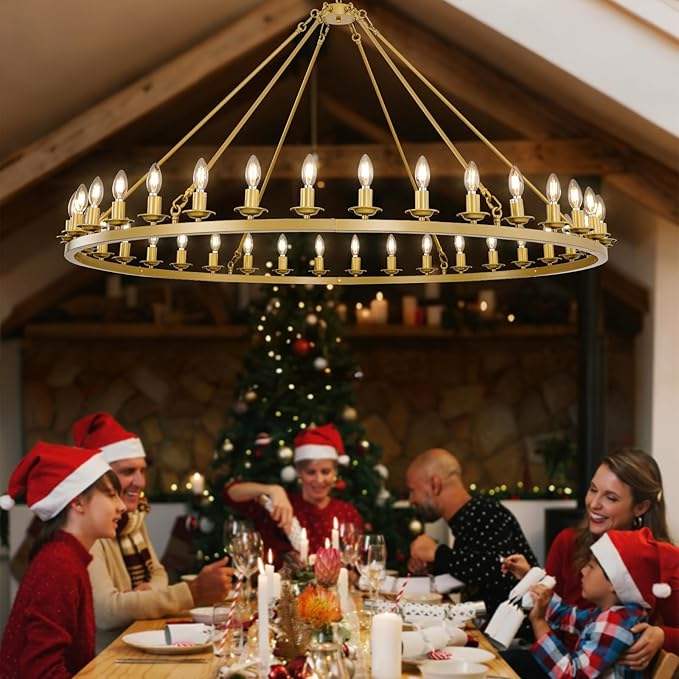 60in Gold Wagon Wheel Chandelier, 36-Light Farmhouse Large Chandelier Round Modern Rustic Industrial Adjustable Height for High Ceiling Living Room, Entryways, Foyer, Staircases, Dining Room