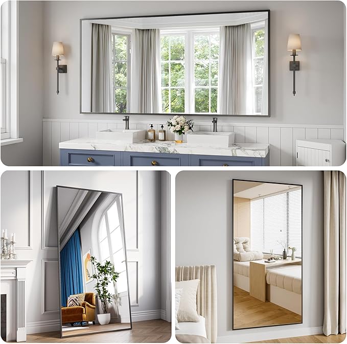 Bathroom Mirror 30x71 Black Bathroom Wall-Mounted Mirrors, Modern Vanity Mirror for Bedroom, Living Room, Aluminum Alloy Frame Allow to Hang Horizontally or Vertically