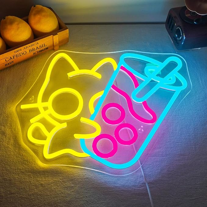 Looklight Cat Boba Tea Neon Sign Yellow Cute Kitty Bubble Tea Neon Signs for Wall Decor LED Neon Light Bar Sign Light Up Signs for Dimsum Store Bar Milk Tea Shop