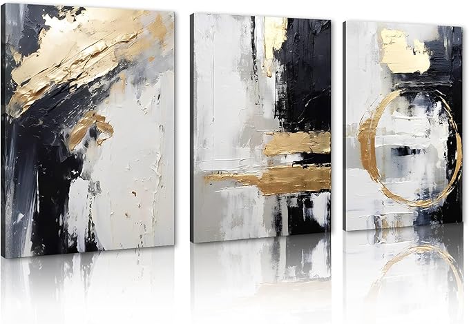 MAMAGO Large Scale Abstract Wall Art Monochrome with Gold Accents Abstract Painting Ideal for Stylish Interiors like Living Room Office Framed Ready to Hang - 20x28 inch x3pcs