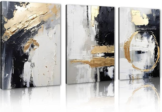 MAMAGO Large Scale Abstract Wall Art Monochrome with Gold Accents Abstract Painting Ideal for Stylish Interiors like Living Room Office Framed Ready to Hang - 20x28 inch x3pcs