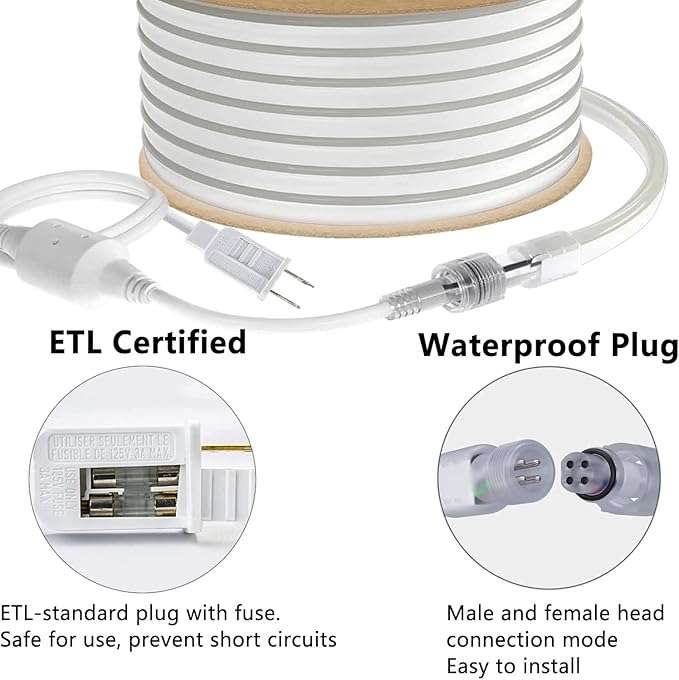 50ft Led Neon Rope Light, Commercial Grade IP65 Waterproof Neon Led Strip Lights, 110V-120V Plug-in Led Rope Light with Power Adapter for Outdoor, Indoor, Stairs and Room Decor, Daylight White