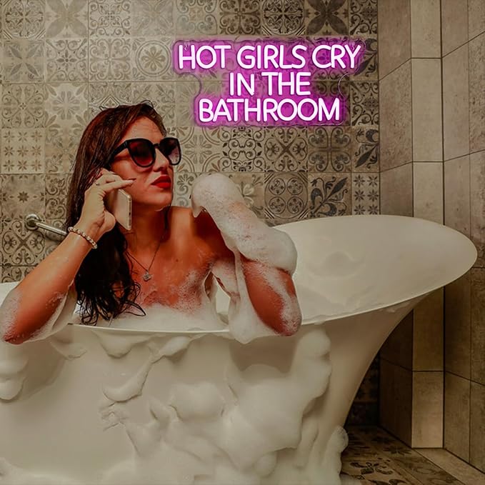 Looklight Hot Girl Cry in The Bathroom Neon Sign,Words Neon Light,Pink Letter Led High Visibility Advertisement Board USB Wall Decor for Bar Girls Room Bathroom Pub