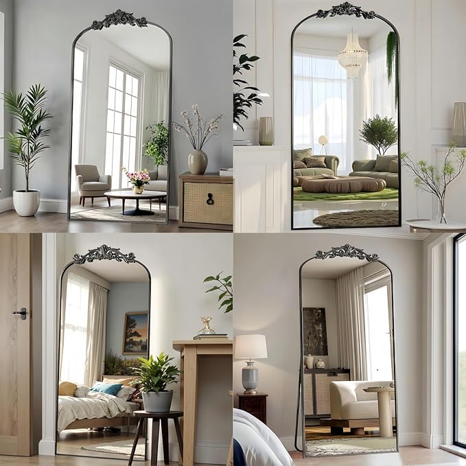 Arched Full Length Mirror, 71"x32" Full Body Mirrors with Carved, Floor Mirror for HomeDecor, Standing/Halling Large Wall Mirror for Bedroom, Living Room, Cloakroom, Black, Retro Style
