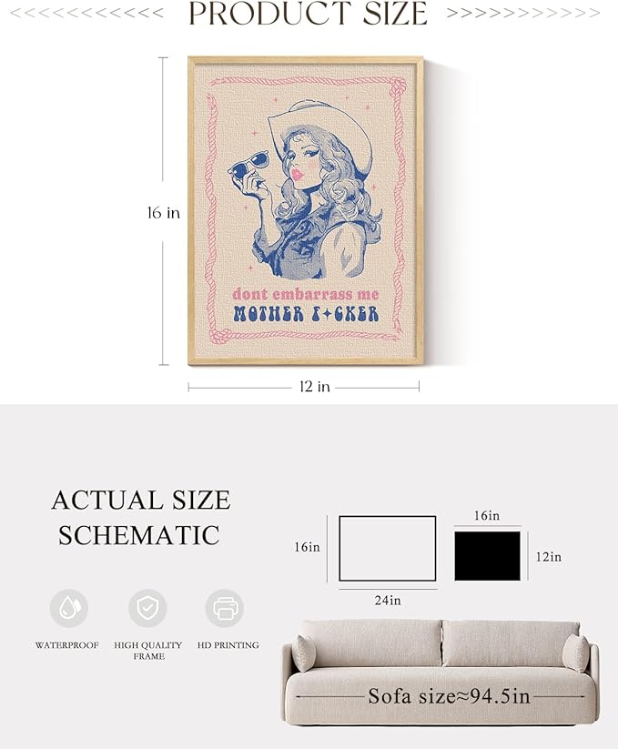 ARPEOTCY Small Framed Canvas Wall Art, 12x16in, Vintage Cowgirl Attitude Art, Trendy Western Room Pink Blue Wall Decor for Bedroom Office Shelf, Country Retro Artwork