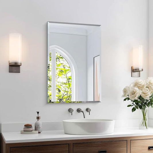 KOCUUY Frameless Bathroom Mirror, 16x24 Inch Beveled Mirror for Over Sink, Upgraded Shatterproof Unframed Design with Beveled Edge Mirror for Bathroom, Bedroom, Entryway, Hang Horizontal/Vertical