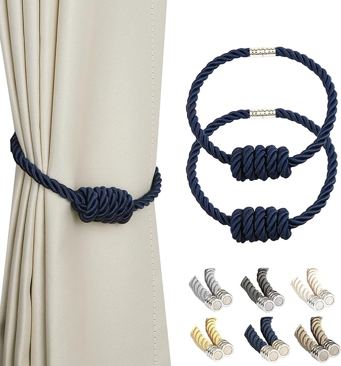 BEL AVENIR Magnetic Curtain Tiebacks, Decorative Drapery Holdbacks Modern Woven Tie-Backs with Exquisite Knot (Navy, 2 Pack)