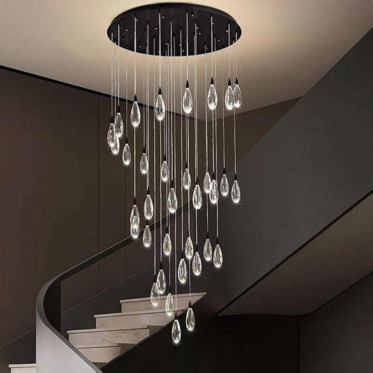 189" Luxury Long Crystal Chandelier, 43-Light Modern Black Raindrop Staircase Chandelier, Contemporary 4000K Dimmable Flush Mount Light Fixture for Foyer, Entryway, Living Room, High Ceilings