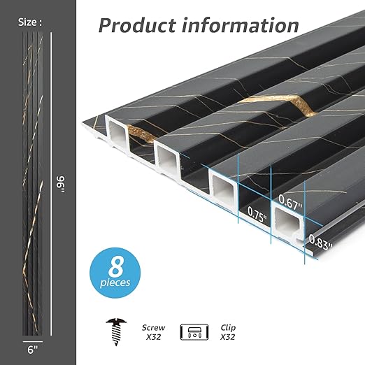 Art3d 8-Pack WPC Slat Panel for Interior Decor, Decorative Fluted Accent Wall Covering for Living Room Bedroom TV Background Office, 96 x 6 Inch - Granite