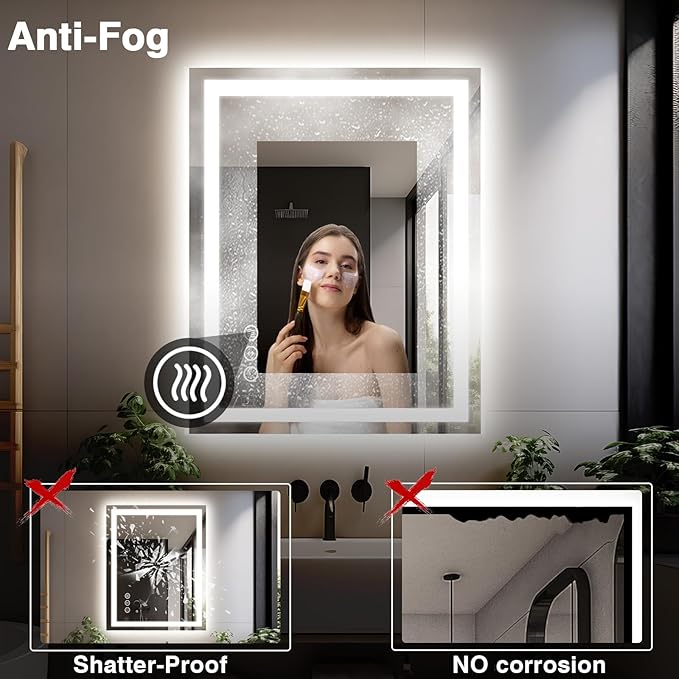 28"x36" LED Bathroom Mirror for Wall, Front and Backlit, Anti-Fog Vanity With Lights, Stepless Dimmable, 3 Colors Smart (Horizontal/Vertical)