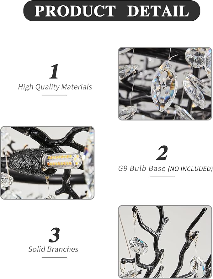 Modern Crystal Chandelier for Dining Room, 39.5" Black Tree Branch Chandeliers, 12-Light Luxury K9 Crystal Round Chandeliers for Kitchen Island Living Room