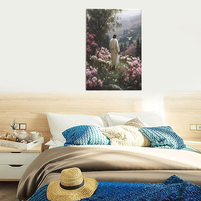 Jesus Wall Art Christian Jesus Lamb Wall Decor Religious God Canvas Painting Pictures Print Christ Decorations for Living Room Bedroom Church Framed Gifts 16”X24”