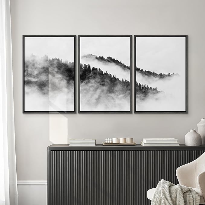 SIGNWIN Framed Canvas Print Wall Art Set Black & White Mountain Forest Valley Nature Wilderness Photography Modern Art Rustic Landscape Relax/Calm for Living Room, Bedroom, Office - 24"x36"x3 Black