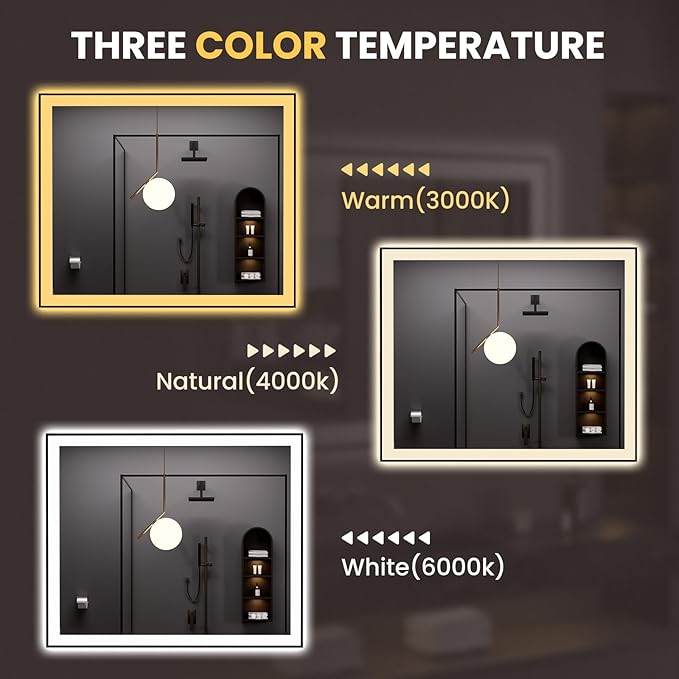 LOAAO 48"X40" LED Bathroom Mirror Black Framed, Anti-Fog, Dimmable, Lighted Bathroom Vanity Mirror for Wall, Memory Function, Tempered Glass