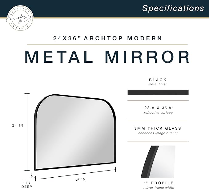 MCS Master & Co. Modern Metal Large Wall Mirror, Minimalist Home Decor Mantle Arch Mirror for Living Room, Bedroom, or Bathroom, 24 by 36 Inch, Black