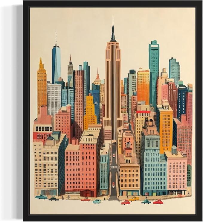 New York Wall Art Poster Print, Vintage Retro Landscape Scenery Painting Artwork Travel Prints Decor Cityscape Landmarks Gallery 27 (New York, 18 x 24 inches, Black Frame)
