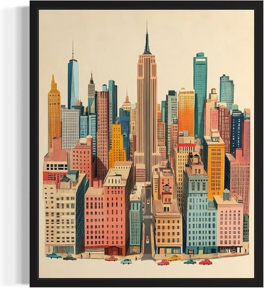 New York Wall Art Poster Print, Vintage Retro Landscape Scenery Painting Artwork Travel Prints Decor Cityscape Landmarks Gallery 27 (New York, 24 x 36 inches, Black Frame)