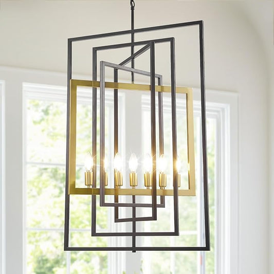 Black and Gold Chandelier, 7-Light Farmhouse Lantern Pendant Light Fixtures, Rustic Industrial Foyer Lighting Fixtures, Large Chandeliers for High Ceilings, for Kitchen Island, Staircase, Entryway