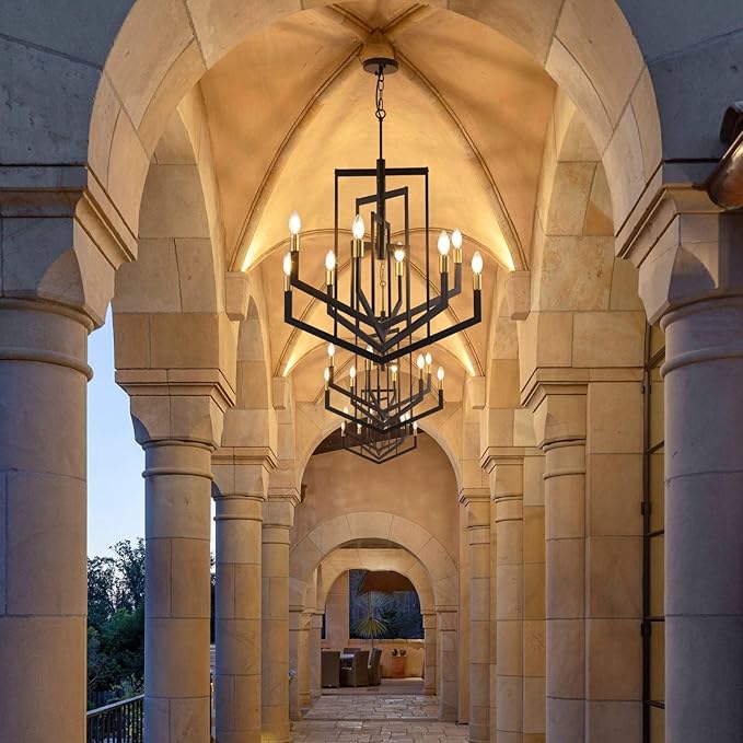 Black and Gold Chandelier,8-Light Modern Geometric Pendant Light Fixtures,Rustic Industrial Foyer Lighting Fixtures, Large Foyer Chandeliers for High Ceilings, Farmhouse Chandelier for Entryway