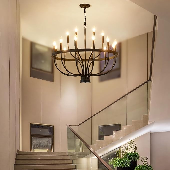 Black Farmhouse Chandelier 32-Inch, 18-Light Dining Room Chandelier, Modern Industrial Candle Chandeliers for Living Room Entryway Foyer E12