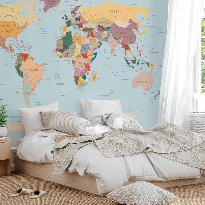 artgeist Premium Wall Mural World Map 138x101 in - XXL Non-Woven Wallpaper Fleece Wall Decor Photo Print Picture Image Design Home Map of The World k-B-0001-a-c