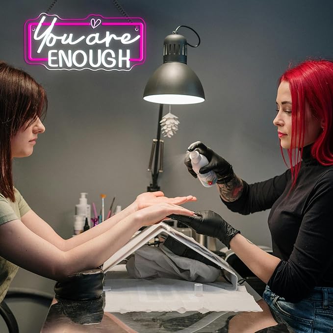 Lucunstar You Are Enough Neon Sign for Wall Decor Neon Pink Light Up Classroom Motivational Wall Decor LED Letter Book Lights Sign for College Room Reading Library Inspirational Gifts for Women Student