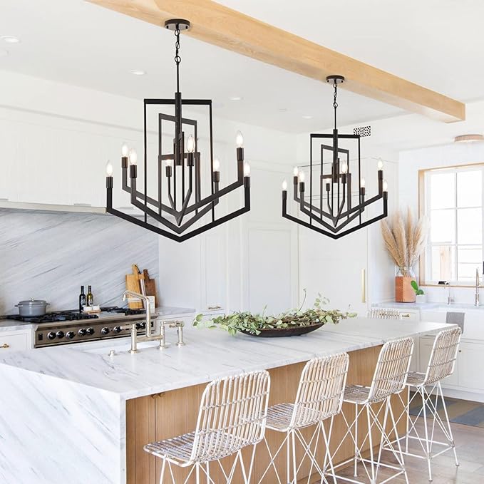Black Farmhouse Chandelier,8-Light Modern Geometric Pendant Light Fixtures,Rustic Industrial Foyer Lighting Fixtures, Large Foyer Chandeliers for High Ceilings,for Kitchen Island,Staircase,Entryway