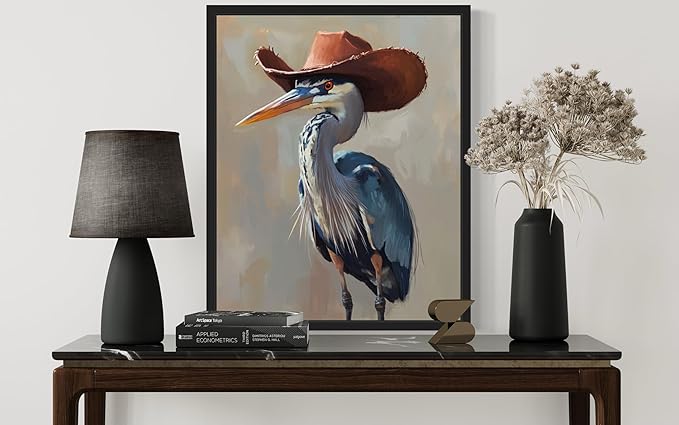 Blue Heron Cowboy Art Print Poster Wall Art, Western Country Farmhouse Wild West for Bedroom, Bathroom, Living Room Art Decor 58 (Blue Heron, 16 x 20 inches, Black Frame)