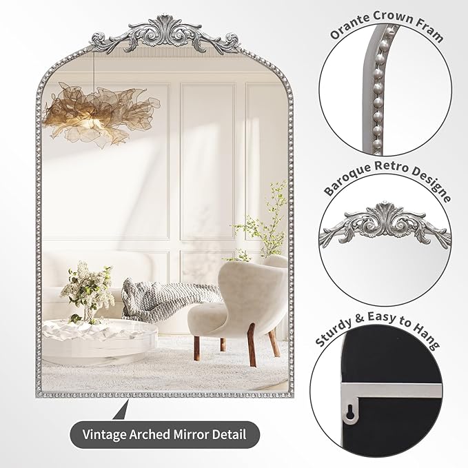 Antique Silver Arch Wall Mirror, 24"x36" Traditional Vintage Mantel Mirror with Ornate Metal Frame, Baroque Victorian Mirror for Fireplace/Entryway/Bathroom/Living Room/Hallway