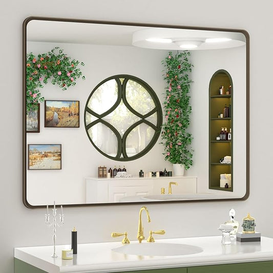 OKPAL 44x32 Bronze Bathroom Mirror, Brushed Metal Bathroom Vanity Mirror, Rounded Bronze Rectangle Mirror for Farmhouse, Bedroom, Anti-Rust (Horizontal/Vertical)
