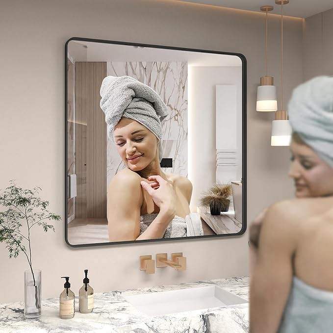36x36 Square Black Bathroom Mirror, Matte Framed Bathroom Vanity Mirror for Wall, Modern Rectangle Mirror, Rounded Corners, Tempered Glass