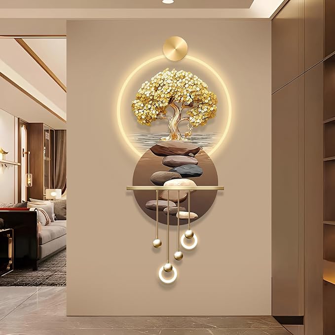 3D Art Wall Decor with Light, Art 3D Decor Wall Sculptures LED Modern Home Decors Picture Walls Light Chinese, Plug-in Power Supply, Gold T, 23x53IN