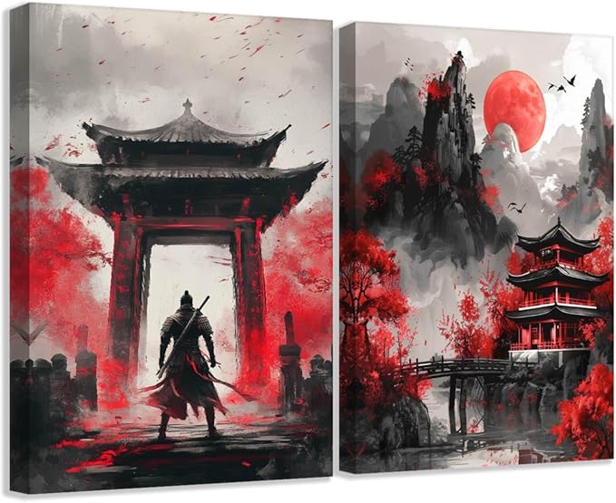 SWQYLB Japanese Wall Art 2 Piece Samurai Art Wall Decor Japanese Landscape Pictures Canvas Prints Asian Oriental Home Decor Framed (Red, (12"x16"x2 Pieces))