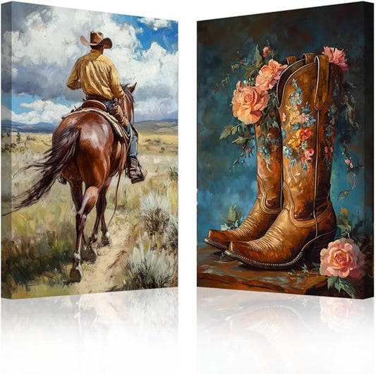 SWQYLB Western Cowboy Canvas Wall Art 2 Panel Cowboys Cowgirl Riding Horses Poster Prints Vintage Boots Pictures West Rodeo Painting for Bedroom Decor Framed (Blue, 12x16inchx2 Pieces)