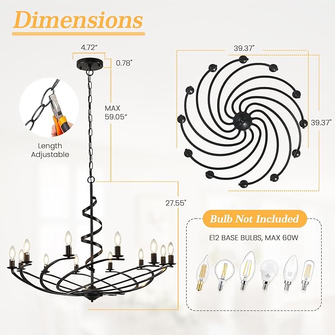 Black Chandelier, 12-Light Farmhouse Chandeliers for Dining Room, Rustic Kitchen Island Lighting, Modern Chandelier for Living Room, Hanging Pendant Lights for Bedroom, Foyer, Staircase, Entry