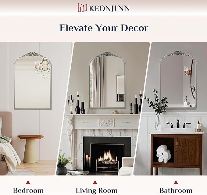 Keonjinn Vintage Mirror for Wall, 40" x 30" Silver Mirror with Metal Frame, Ornate Arched Decoration, Brass Mirror for Mantle, Living Room, French Cleat Mounting