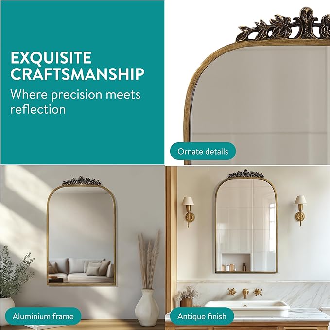 Navaris Vintage Mirror - Decorative Gold Antique Mirror - Large Brass Arched Mirrors - French Mirrors for Bathroom Wall Above Mantel or Fireplace - Ornate Baroque Victorian Style