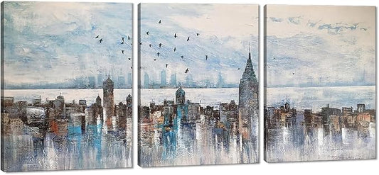 MAMAGO Modern City New York Landscape Wall Decor Skyline Birds Canvas Print Painting for Living Room Kitchen Bedroom Wall Art Framed Easy to Hang-12x16 inch x3pcs
