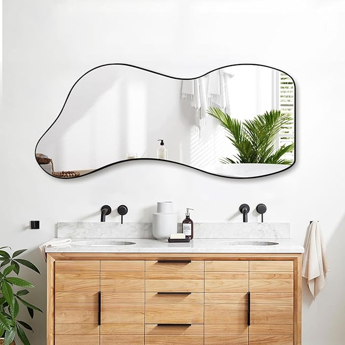 Large Irregular Wall Mirror 47.2"x22", Unique Shaped Black Asymmetrical Mirror, Modern Oblong Wavy Mirror, Cloud Mirror for Living Room,Bathroom,Entryway,Dining Room
