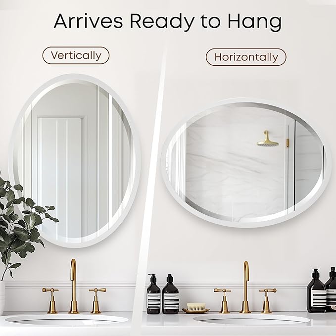 OVALCREST - Oval Wooden Beveled Wall Mirror for Home Decor, Bathroom, Vanity, Bedroom, Living Room, Hallway - London Style (Linen White) 41.1 x 31.1